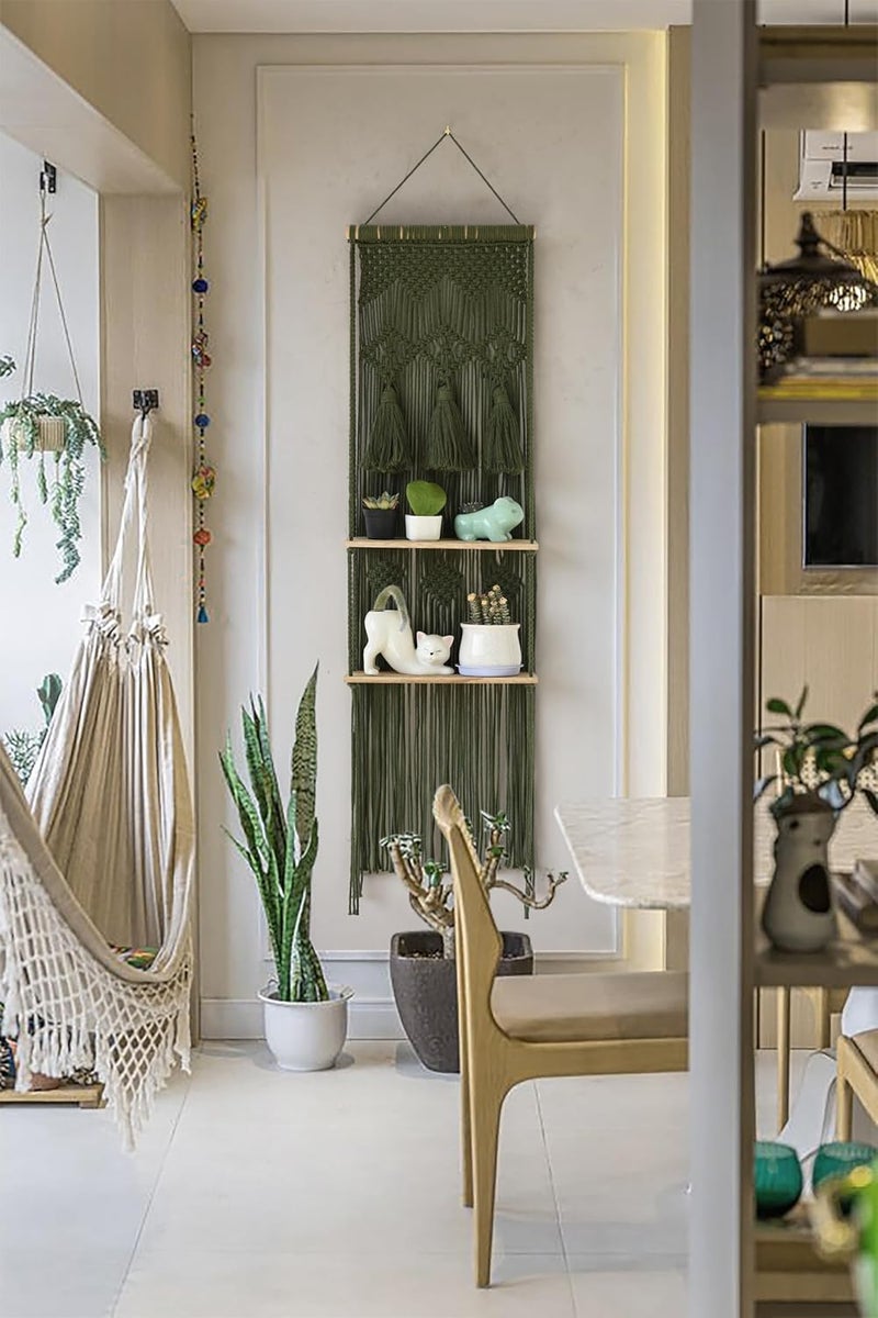 Flber Hanging Shelf Macrame Wall Hanging Green Boho Shelfs with Tassels 2 Tier Floating for Plants Bedroom Dorm Living Room Wall Decor Rustic Wooden Organizer(Wood) - Image 4